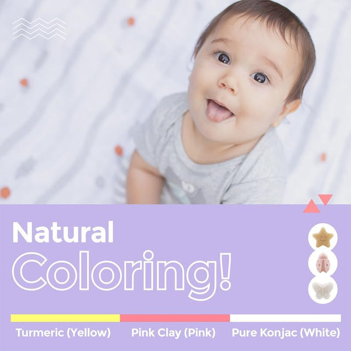 Konjac Baby Sponge for Bathing, Cute Shapes Natural Kids Bath Sponges for Infants, Toddler Bath Time, Natural and Safe Plant-Based Konjac Baby Bath Toys, 3Pc. Set: Butterfly, Ladybug, Star