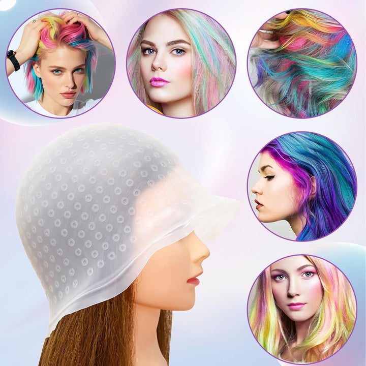 Silicone Highlighting Cap with Pre-Punched Holes, Reusable Professional Unisex Hair Streaking Cap with Hair Picking Hook for Hair Coloring Dyeing Staining, Salon and Home Use (White, 1 Pcs)