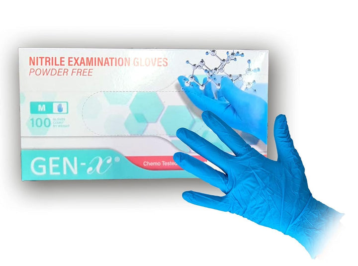 Gen X Nitrile Examination Gloves Powder Free, Finger Textured, Medium - 100 Gloves per Box (Medium, Blue)