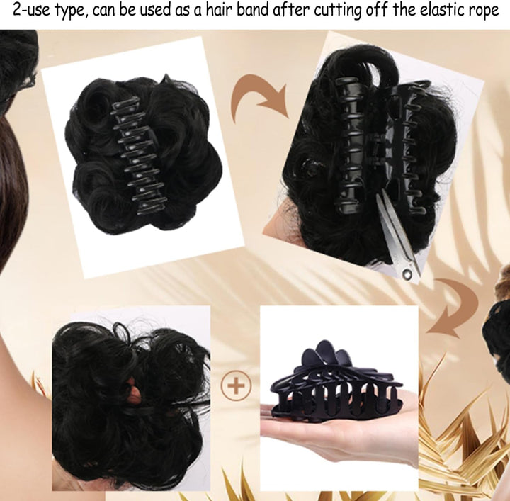Curly Synthetic Hair Claw Clip Messy Bun Extensions Women'S Ponytail Hair Accessories (Black)