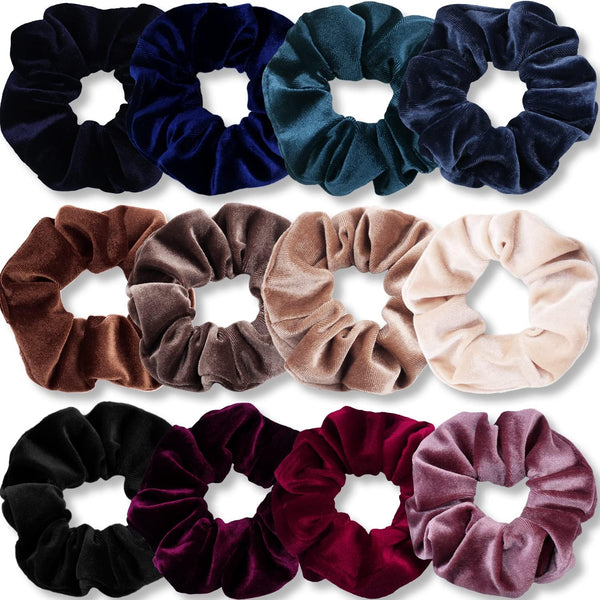 Scrunchies for Women, Premium Velvet Scrunchy for Hair, Solid Color Elastic Thick Bands, Soft Ropes Ponytail Holder Hair Accessories, 12 Pack