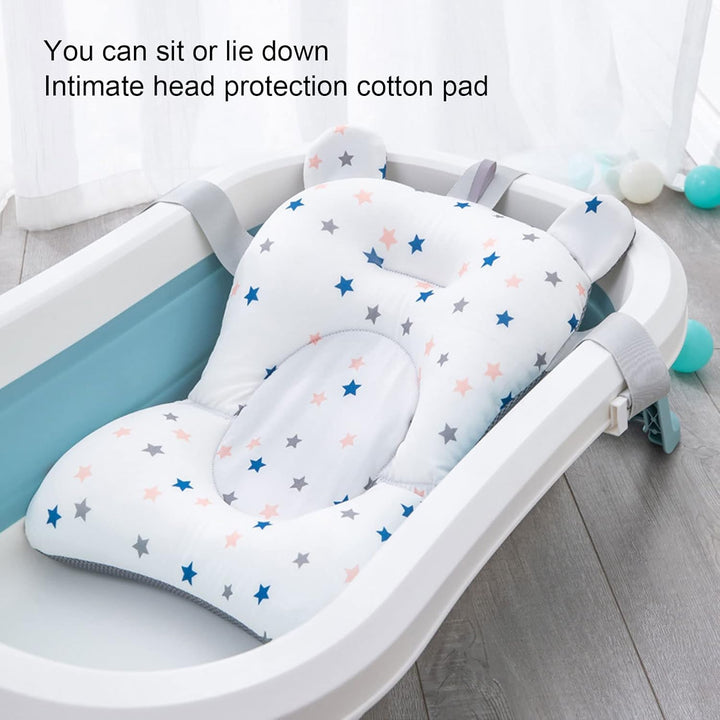 Floating Baby Bath Seat Cushion, Newborn Tub Supporter with Safety Belts Adjustable Foldable, Baby Bath Seat Cushion, 3 Snap Safety Belts for Infant Newborn (White Stars)