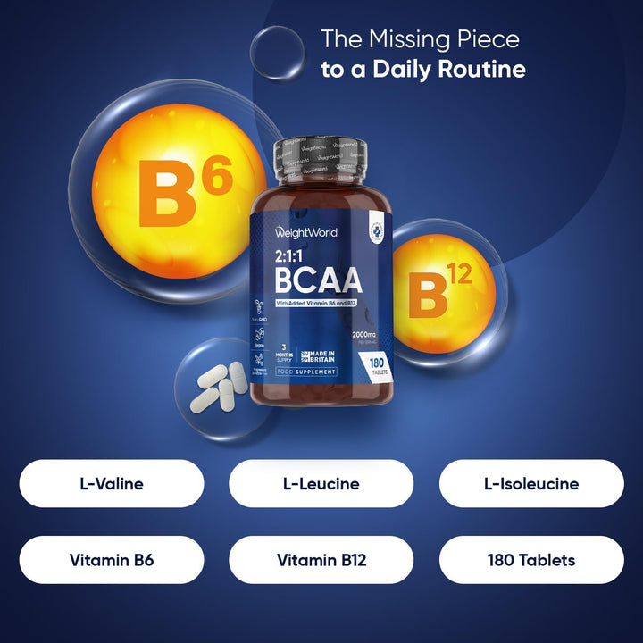 BCAA Tablets 2000Mg - 180 Tablets - with Key Amino Acids - Vitamin B6 & B12-3 Months Supply - Vegan BCAA Supplement - for Men & Women - Vegan & Non-Gmo