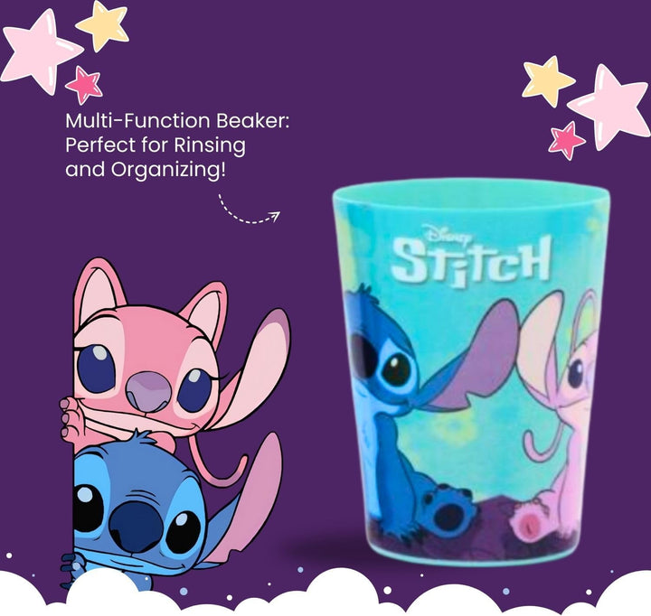 Disney Stitch Kids Toothbrush Set - Soft-Bristle Toothbrush with Suction Cup & Protective Cap, Mint-Flavoured Toothpaste, and Multi-Purpose Beaker | Travel-Ready Oral Care Kit for Children Ages 3+