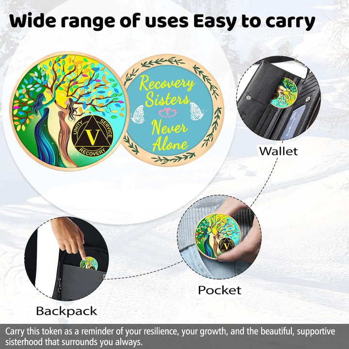 5 Year Sobriety Coin for Women, Recovery Sisters AA Medallion, Tree of Life AA Coin, 5 Year AA Chip, Sobriety Gifts for Women, Alcoholics Anonymous Anniversary Token