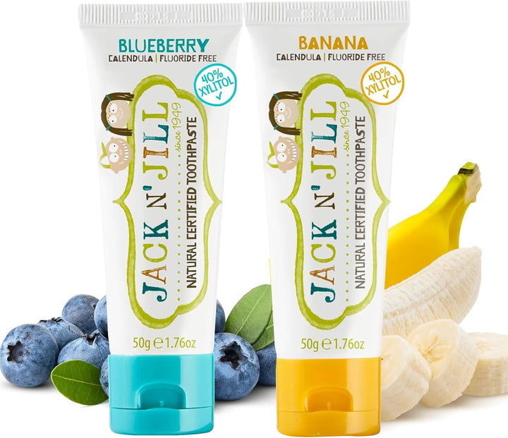 Jack N’ Jill Natural Certified Kids Toothpaste – Fluoride-Free Toddler & Baby Toothpaste with 40% Xylitol, No Sugar, Suitable from 6 Months+, Banana & Strawberry Flavour, Pack of 2 (50G Each)