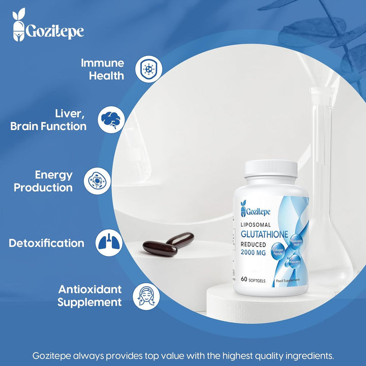 Liposomal Glutathione Reduced 2000Mg per Serving | Glutathione Supplement with Hyaluronic Acid + Collagen Peptide + Resveratrol | 10X Better Absorption (60 Count (Pack of 1))