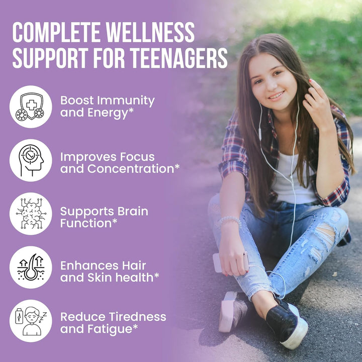 Teen Vitamins for Teenagers Boys and Girls 12-18 Years (1 Month Supply) - 25 Essential Multivitamins Vegetarian Tablets with Iron, Zinc, Folic Acid and Omega 3 - Unflavoured Teen Boy Vitamins