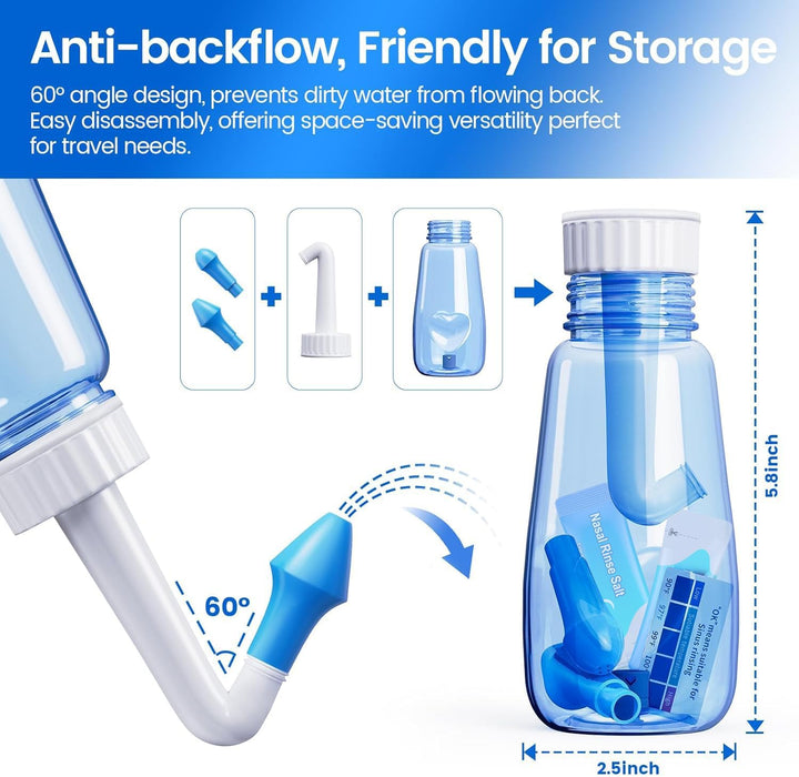 Sinus Rinse Kit, Neti Pot 260 Ml, with 60 Packets Nasal Wash Salt, Nasal Wash Nose Rinsing Cleanse Bottle for Adults, Children, and with Allergic Rhinitis(Blue)