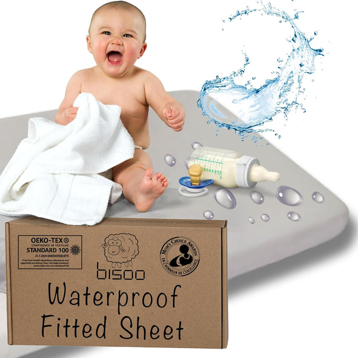 Toddler Bed Waterproof Fitted Sheet 130 X 80 / 32X52-2In1 Fitted Sheet Mattress Protector Made of 100% Jersey Oeko-Tex + PU for Junior Cot Bed - Soft & Silent - White