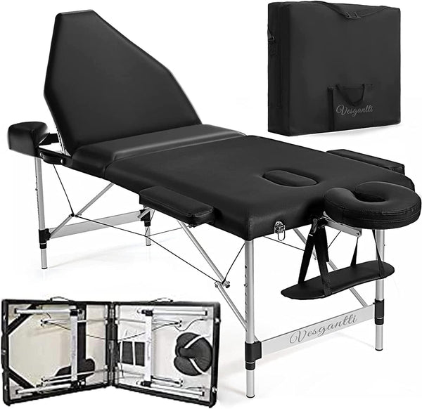 Portable Massage Bed Table - 3-Section Aluminum Foldable Beauty Couch for Reiki Therapy Treatment Salon Healing - Metal Headrest Support/With Carry Bag (Black)