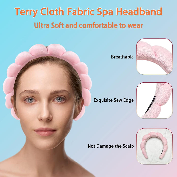 Puffy Makeup Headband Spa Headbands for Women Sponge & Terry Towel Cloth Fabric Cute Skincare Headband for Face Washing, Makeup Removal, Shower, Facial Mask (Pink)