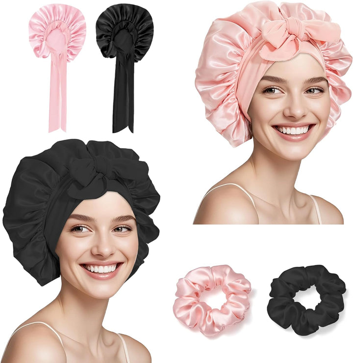 Pack of 2 Silk Caps for Sleeping with Hair Bobbles, Adjustable Satin Hair Cap, Silk with Elastic Waistband, Soft Sleep Cap, Women'S Hair Protection for the Night, Bonnet Sleep Cap, Long Hair