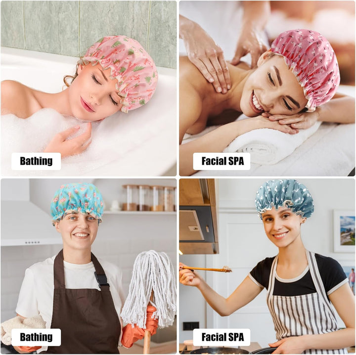 Shower Cap for Women, Elastic Band Waterproof Plastic Shower Cap, Double Layers Reusable with Ruffled Edge Covering Ears for Long, Short and Curly Hair (Pink Bird)