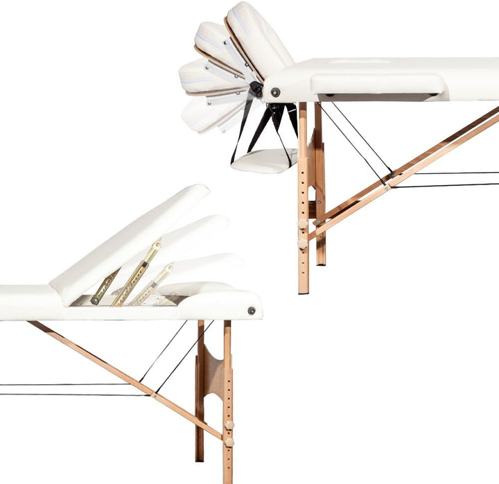 Portable Massage Bed Table - 3-Section Foldable Beauty Couch for Reiki Therapy Treatment Salon Healing - Metal Headrest Support/Carry Bag (Beige White)