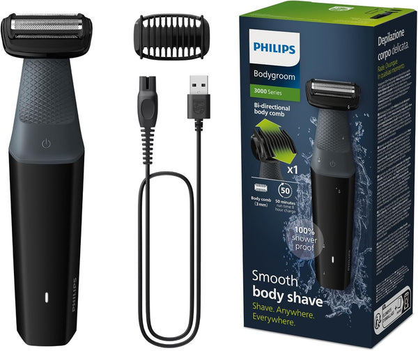 Bodygroom Series 3000 Showerproof Groin and Body Trimmer, Close and Comfortable Shave, Complete Body Grooming, 50 Min. Runtime, Model BG3017/01, Black
