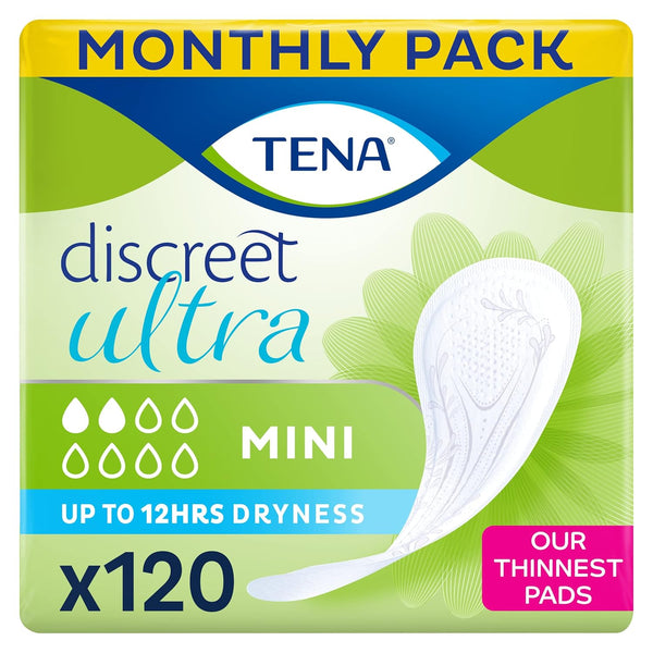 TENA Discreet Ultra Mini, 120 Incontinence Pads (20 X 6 Packs) Individually Wrapped, for Women with Light to Medium Bladder Weakness, Incontinence and Unpredictable Drips (Packaging May Vary)