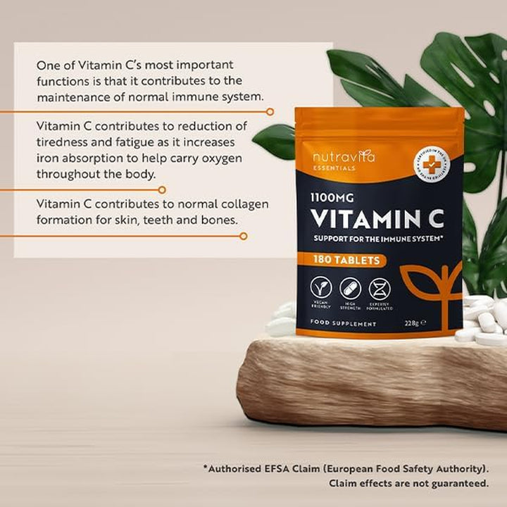 Vitamin C Tablets 1100Mg – 180 Premium Vegan and Vegetarian Tablets – 3 Month Supply - High Strength Ascorbic Acid - Vitamin C for the Immune System - Letterbox Friendly - Made in the UK by
