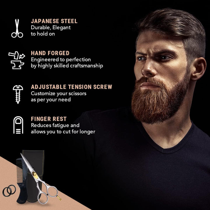 5.5" Beard Moustache Scissors Professional Japanese Steel Comb Carrying Pouch Beard Mustache Trimming Hand Forged Bevel Edge Precision Men Facial Hair Grooming Kit Body Facial Hair Silver Gold