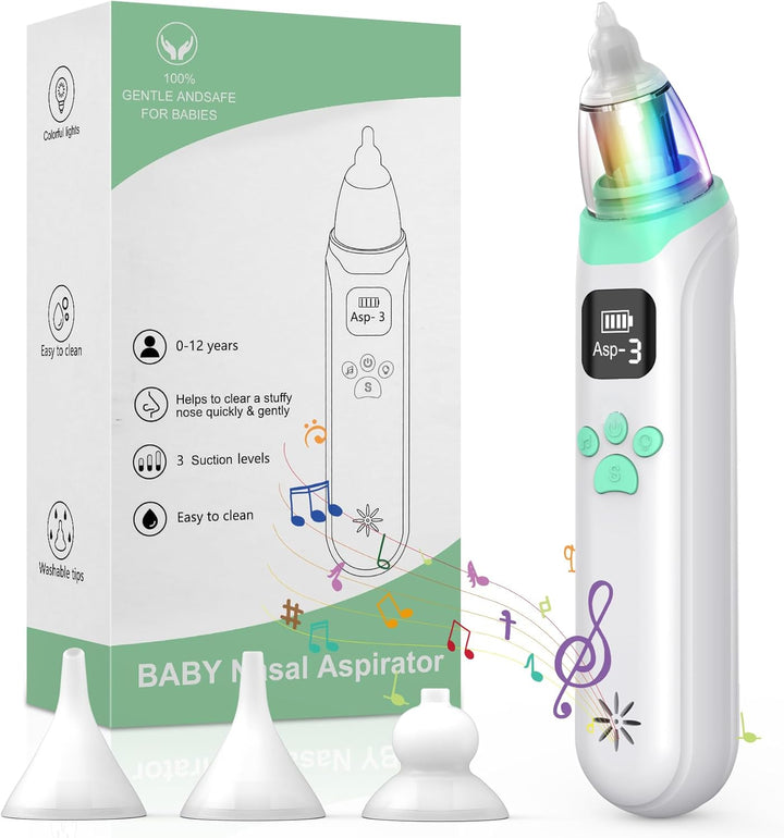 Nasal Aspirator Baby, Electric Nose Suckers, 3 Silicone Tips and 3 Suction Levels, Anti-Backflow Snot Sucker for Newborns, Toddlers, Soothing Function with Music and Light