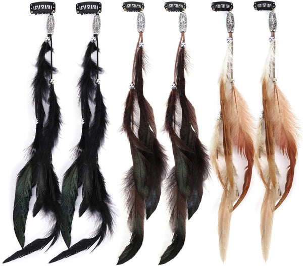 6Pcs Feather Hair Clips, Handmade Boho Hair Extensions with Clip Comb, Bohemian Hippie Hairpin Headdress Accessories, Halloween Cosplay Headwear