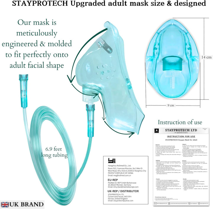 Oxygen Mask with 2.1M Long Tubing, Boosts Oxygen & Enhances Oxygen Therapy, Comfortable Fit, Adjustable Strap & Soft PVC Material. Oxygen Mask for Home Use, (Adult Size)