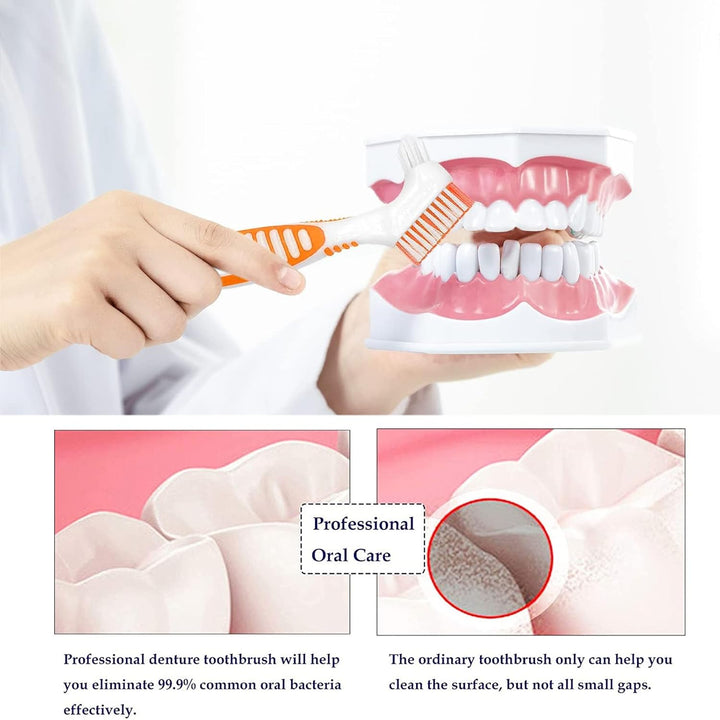 4Pcs Denture Brush, Retainer Brush, Denture Toothbrush, Portable Denture Cleaning Brush, Double Bristle Head Denture Brush, False Teeth Brush for Cleaning Retainers (Blue, Purple, Green,Orange)