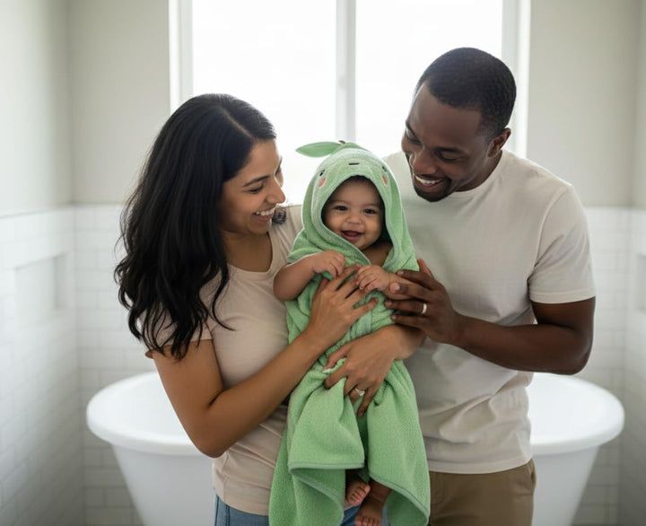 100% Organic Cotton Luxury Baby Hooded Bath Towel, Boy & Girl Gender Neutral Green Apple Fruit Design, Soft & Absorbent Infant Essential, New Parent Gift for Newborn to Toddler 75X75Cm