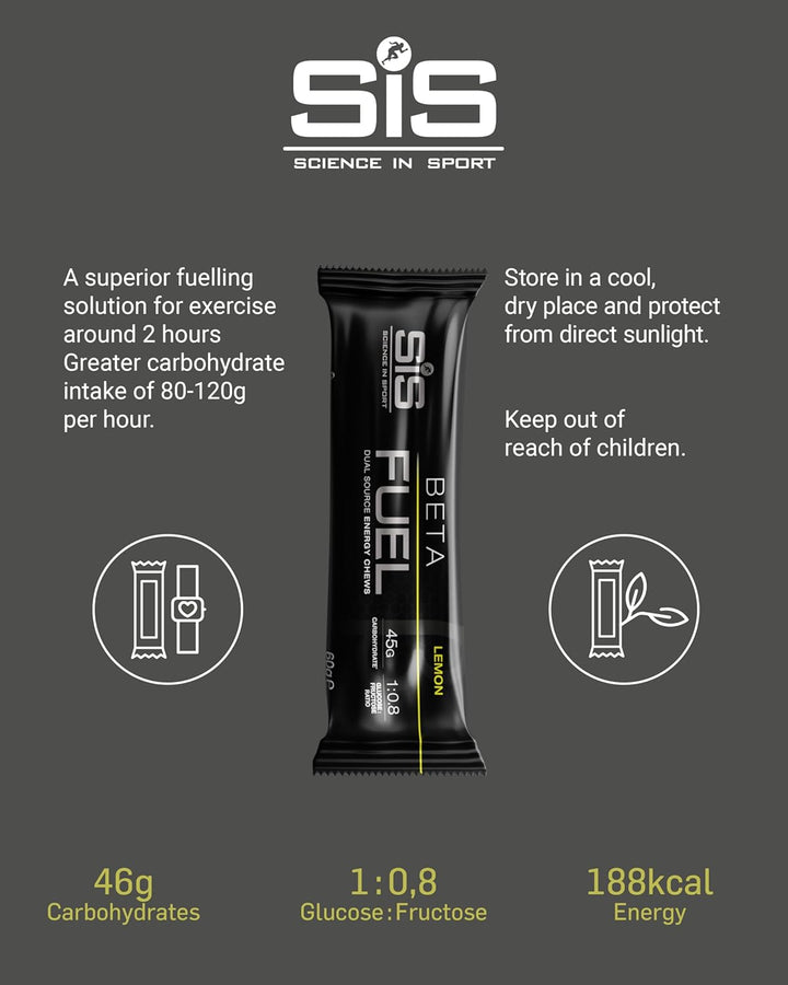 Beta Fuel Dual Source Energy Chews, Energy Bars, Lemon Flavour, 45G of Carbs, 60G Bar (6 Pack)
