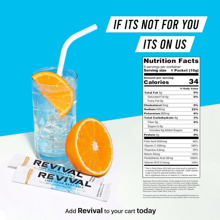 Revival Rapid Rehydration Electrolytes Powder - High Strength Vitamin C, B1, B3, B5, B12 Supplement Sachet Drink, Effervescent Electrolyte Hydration Tablets - 12 Pack Assorted Flavours