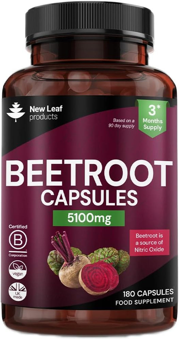 Beetroot Capsules 5100Mg - High Strength Beetroot Supplement 180 Vegan Capsules - Nitric Oxide - Enriched with Black Pepper Made in the UK by New Leaf