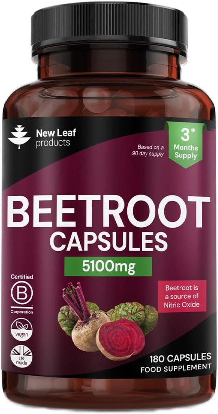 Beetroot Capsules 5100Mg - High Strength Beetroot Supplement 180 Vegan Capsules - Nitric Oxide - Enriched with Black Pepper Made in the UK by New Leaf