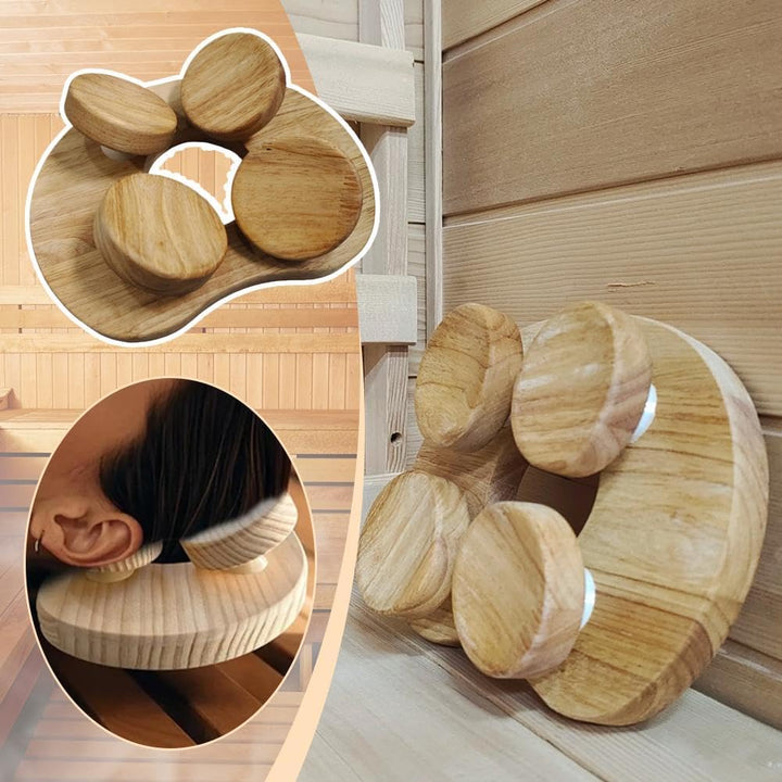 Wooden Sauna Headrest with Rotatable Disc - Ergonomic Head Support Neck Pillow for Sauna, Spa, and Bathroom Relaxation - Natural Solid Wood Nordic Design (23X17Cm)