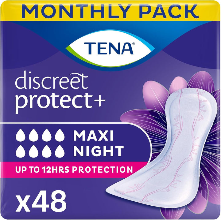 Discreet Maxi Night, Incontinence Pads for Women, Specifically Designed for Night Time Protection with Wider Back and Extra Length, 48 Count (Pack of 8 X 6),Packaging May Vary