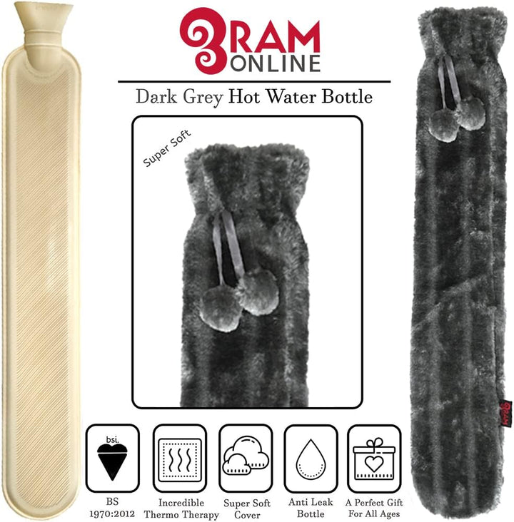 Ram® Extra Long Grey Hot Water Bottle for Back Ache Pain Relief Hot Water Bottle 72CM