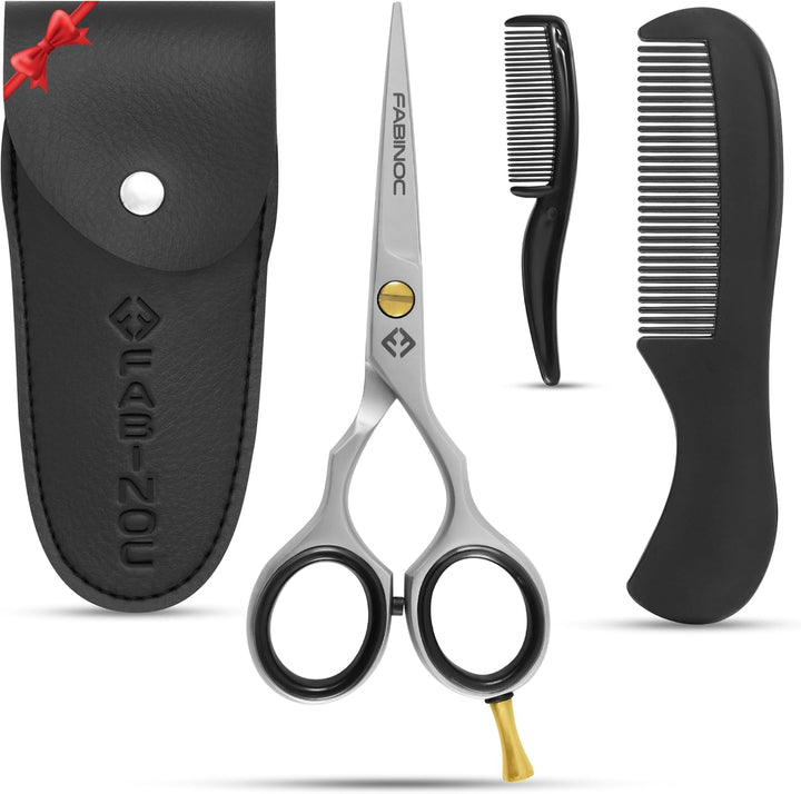 5'' Beard and Moustache Scissors with Comb & Pouch – Eyebrow, Ear & Nose Small Hair Scissors - German Quality Stainless Steel Mustashe Grooming Kit (Black)