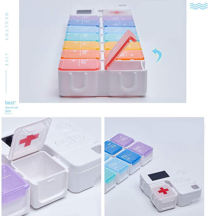 Portable Pill Box with Smart Reminder Alarm, 14 Grids Intelligent Electronic Digital Timer AM and PM Medicine Dispenser, Weakly Pill Organiser for Outdoor Travel Work