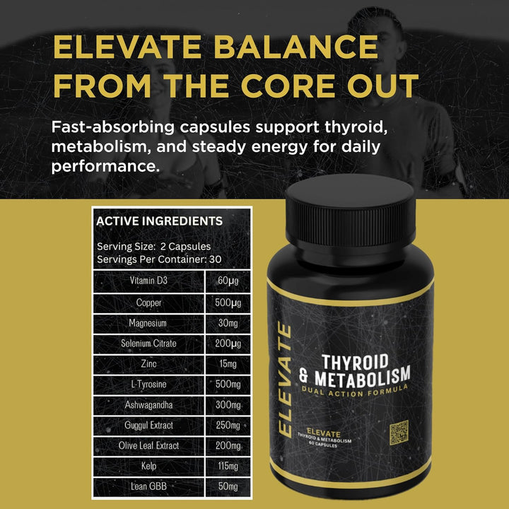Elevate Supplements Thyroid & Metabolism Support, 30 Capsules | Advanced Thyrogenic Formula to Help Regulate Weight Management, Energy & Hormone Balance | Vitamins, Minerals, L-Tyrosine & Ashwagandha