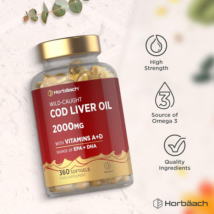 Cod Liver Oil Capsules High Strength | 2000Mg | 360 Count | with Omega 3, Vitamin D and a | with 171Mg of DHA and 151Mg of EPA | Rich in Omega 3 Fatty Acids | by