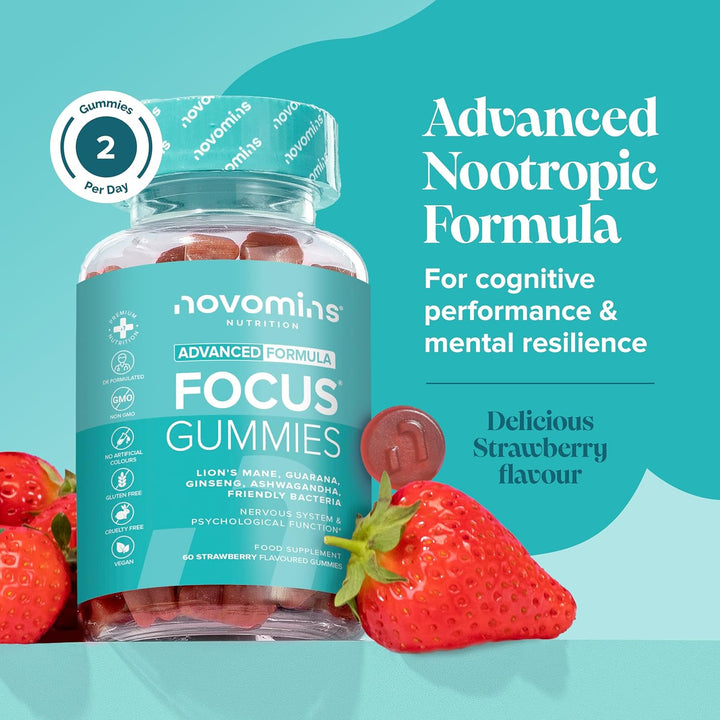 Focus Gummies - Ashwagandha, Lions Mane, Gingko Biloba, Vitamin B12 & Caffeine - 1-Month Supply - Focus, Memory & Energy Support - Gluten-Free Nootropics & Mushrooms - 60 Gummies -