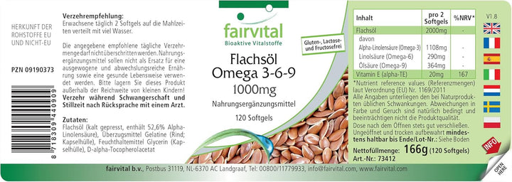 | Flaxseed Oil Softgels - 120 Count - Omega 3 6 9 with High Strength Alpha Linolenic Acid (ALA) - Cold Pressed Supplement - Made in Germany