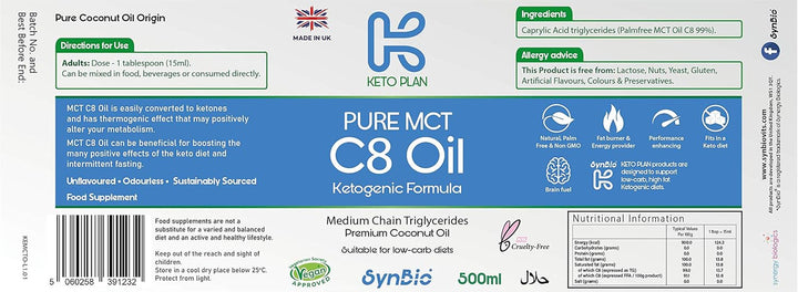 Keto Plan - Pure MCT C8 Oil [Palm Oil Free] | 99% Pure C8 | Vegan | Halal | Gluten Free | Supports Keto Nutrition & Fasting | Sustainably Sourced Coconut (500Ml)