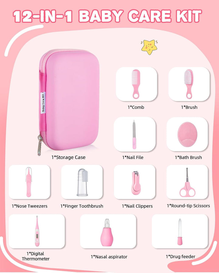 12Pcs Baby Healthcare and Grooming Kit, Newborn Essentials Stuff, Baby Safety Health Nursery Care Set with Nail Files Clippers, Hair Brush, Comb and More for New Born Infant Toddlers Boys Girls - Pink