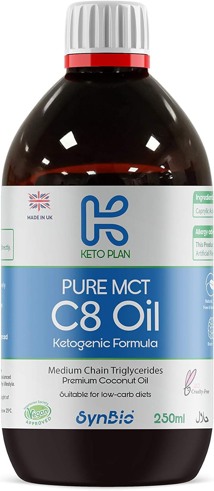 Keto Plan - Pure MCT C8 Oil [Palm Oil Free] | 99% Pure C8 | Vegan | Halal | Gluten Free | Supports Keto Nutrition & Fasting | Sustainably Sourced Coconut (250Ml)