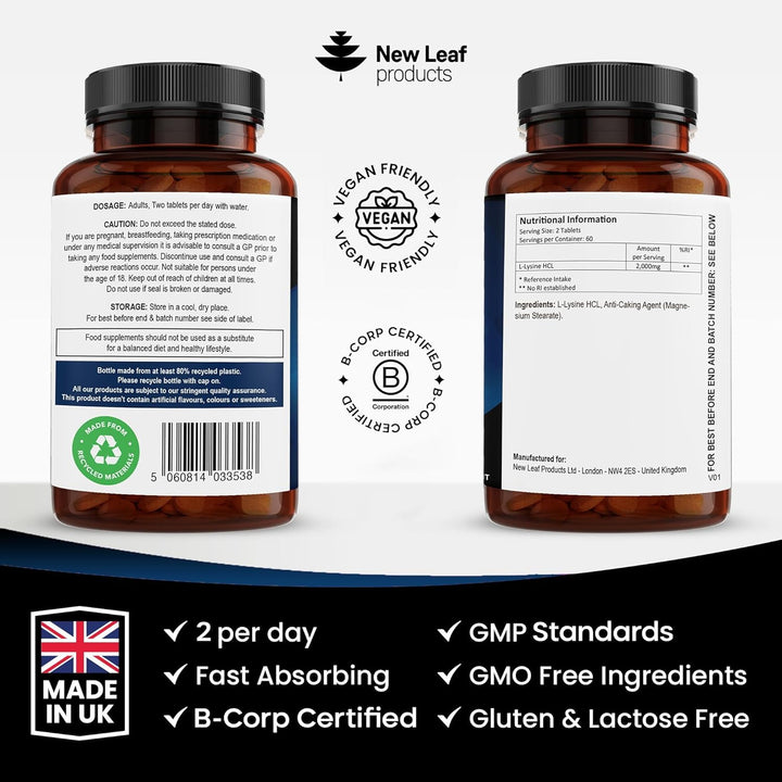 L-Lysine Tablets 2000Mg - High Strength Lysine Nutritional Supplements - Essential Amino Acid L Lysine - 120 Vegan Lysine Tablets 2 Month Supply Made in the UK by New Leaf