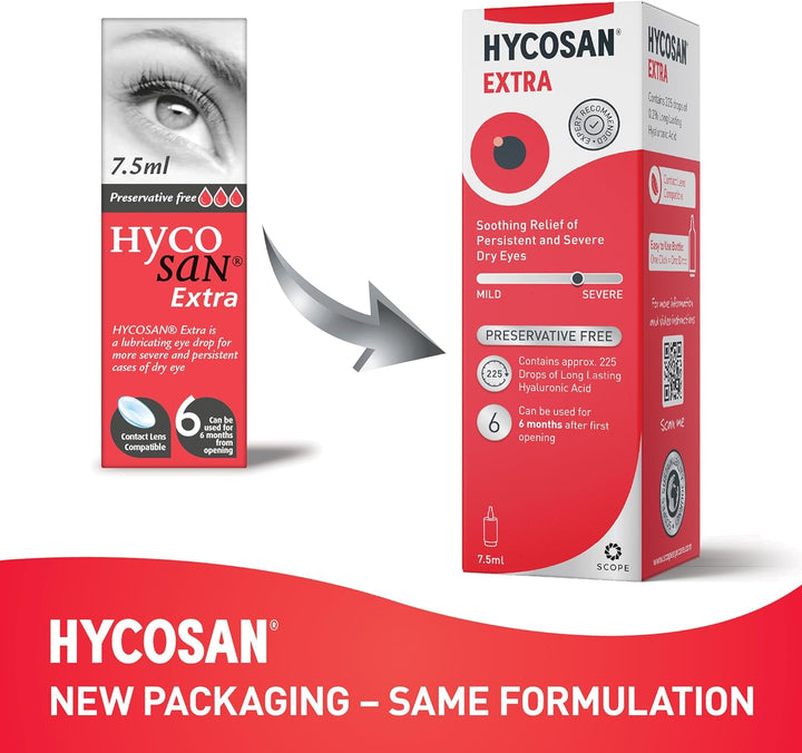 Hycosan Extra - Twin Pack - Eye Drops with Hyaluronic Acid for Soothing Relief of Severe and Persistent Dry Eyes - Contact Lens Compatible - Preservative Free - 2 X 225 Measured Doses