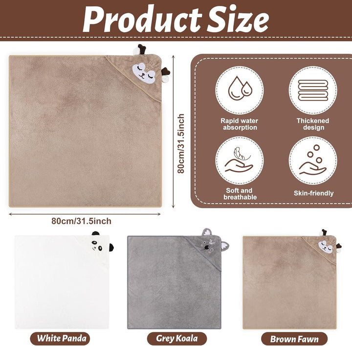 3 Pcs Hooded Baby Towel Set, Ultra Soft Baby Towels Newborn with Hood, Toddler Bath Towel, Cute Animal Design Absorbent Baby Bath Towels for Newborn Baby Boys and Girls, 80X80Cm