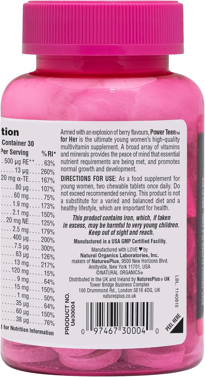Source of Life Power Teen for Her - Food Based Chewable Multivitamin Vitamins for Teenagers - Vegan, Gluten Free - 60 Chewable Tablets
