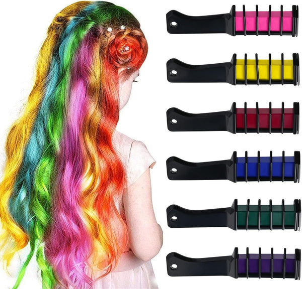 6 Colors Hair Chalk Comb, Temporary Hair Color Chalk Comb Set for Girls Kids, Safe Non-Toxic Washable Hair Dye Hair Color Brush, Hair Color Dyeing Tool for Halloween New Year Party Cosplay