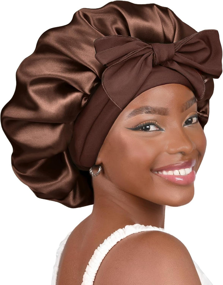 Silk Bonnet for Sleeping Women Satin Bonnet Double Layer Satin Lined Hair Bonnet with Tie Band Curly Hair